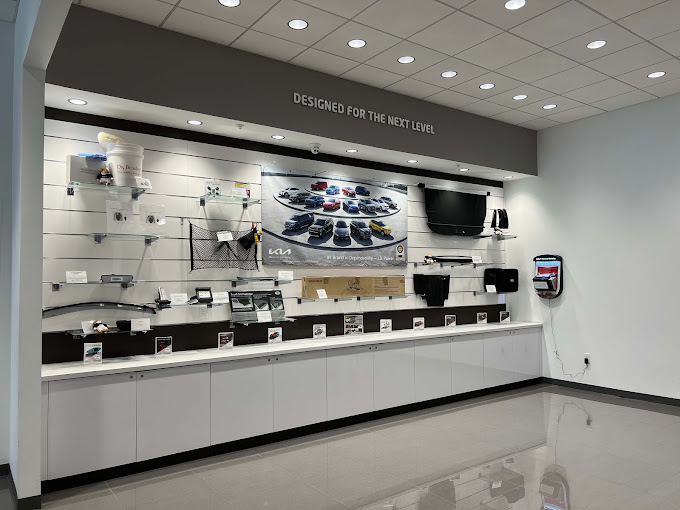 Kia parts and accessories display wall at Jenkins Kia of Cocoa